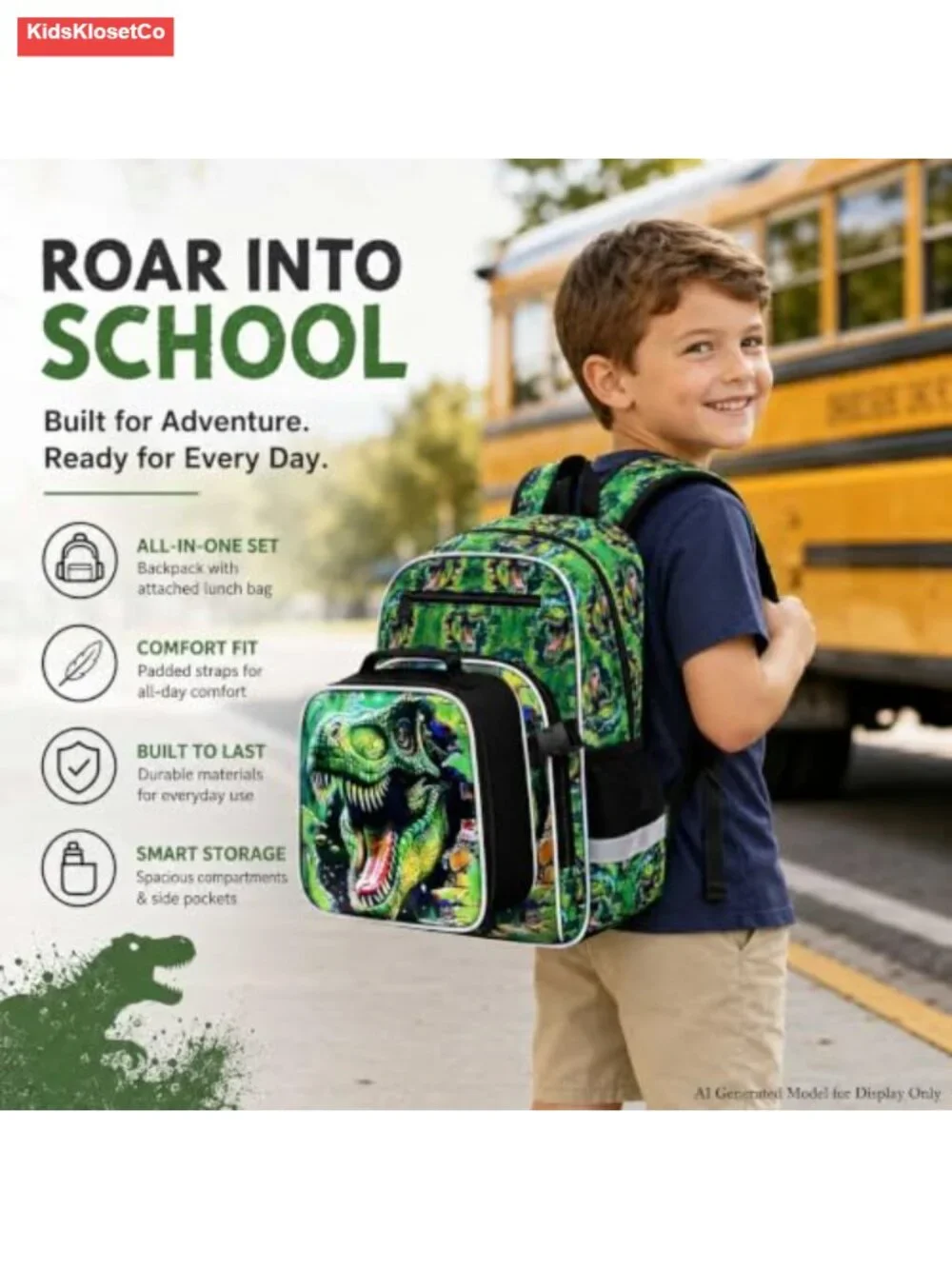 3pcs Dinosaur Backpack Set for Boys with Lunch Box and Pencil Bag